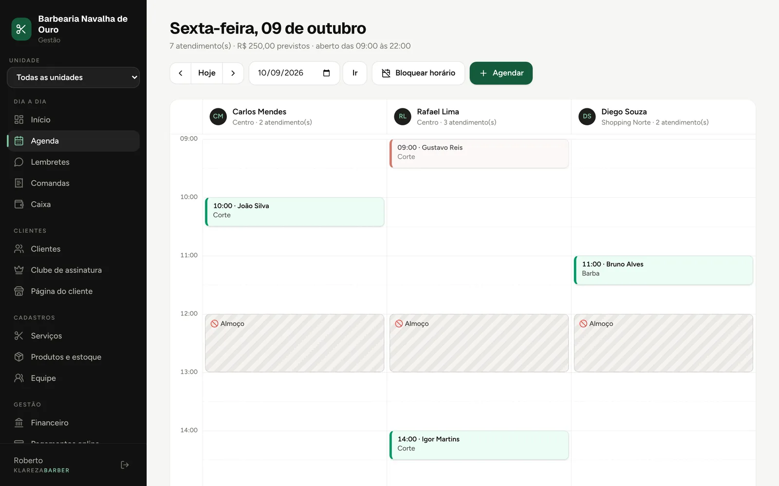 Agenda da equipe no painel