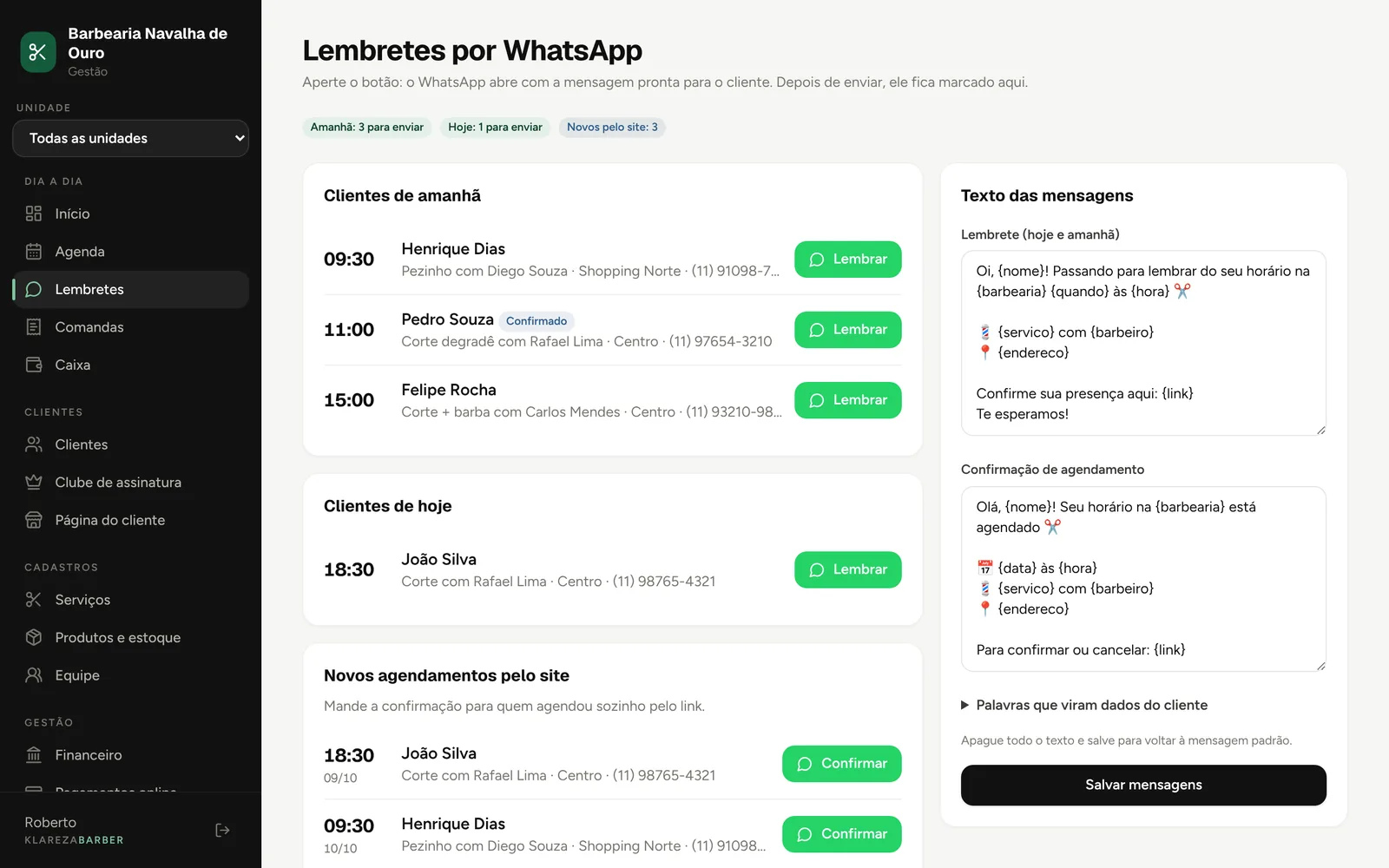 Tela de lembretes por WhatsApp
